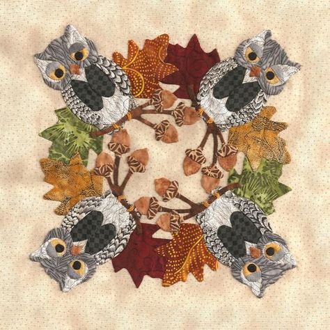 Owl Wreath, Baltimore Halloween by Pearl P. Pereira Leaf Quilts, Owl Quilts, Album Quilt, Baltimore Album Quilt, Owl Wreath, Appliqué Ideas, Quilted Projects, Quilt Applique, Owl Applique