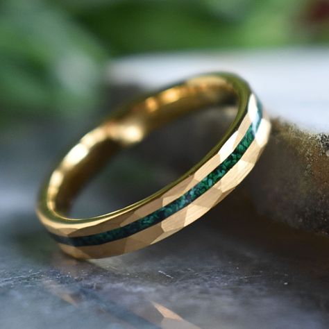 Tungsten 4mm Hammered Gold Ring with Malachite Inlay Unique Engagement Rings For Men, Meaningful Rings, Hammered Gold Ring, Band Ideas, Man Ring, Hammered Gold, Tungsten Ring, Wedding Board, Rings Simple