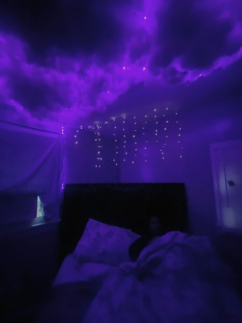 Rainy days cozy room hippie room purple rain Rainy Room Aesthetic, Cozy Bedroom Purple, Rain Bedroom, Rain Themed Room, Rain Room Decor, Stormy Room Aesthetic, Purple Room Lights, Purple Bedroom Lights, Rain Room