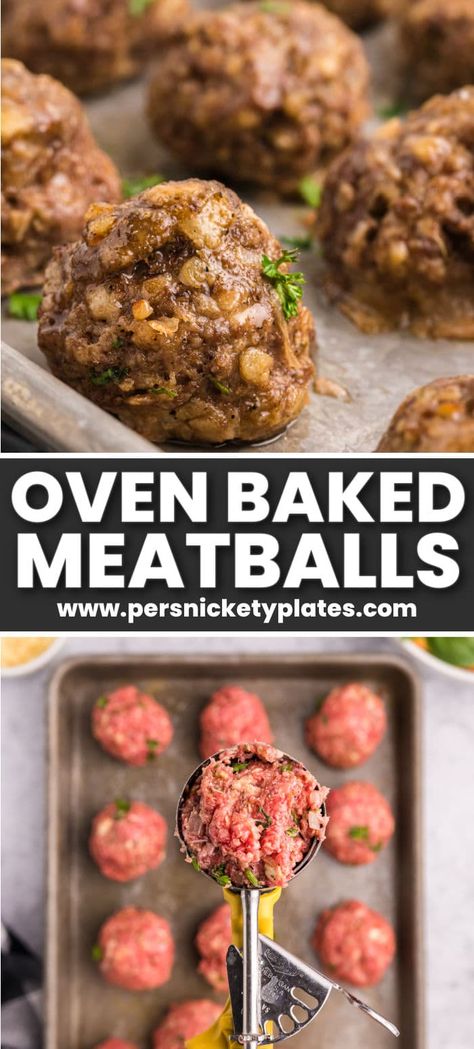 Easy Oven Baked Meatballs are juicy, tender, and super flavorful. These baked ground beef meatballs are ready in 35 minutes with no grease splatter to cleanup which makes them the perfect meal any day of the week. Serve them over pasta, as an appetizer, in a sandwich, or get ahead with your meal prep by doubling the batch and freezing some for later! | www.persnicketyplates.com Oven Meatballs Recipe, Oven Meatballs, Bowl Of Spaghetti, Italian Nonna, Oven Baked Meatballs, Baked Meatball Recipe, Ground Beef Meatballs, Baked Meatballs, Homemade Marinara Sauce