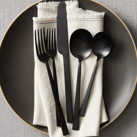 Mirror All Flatware Sets | West Elm Black Utensils, Kim House, Black Cutlery, Black Flatware, Knife And Fork Set, West Elm Kids, House Essentials, Flatware Sets, Stoneware Dinnerware Sets