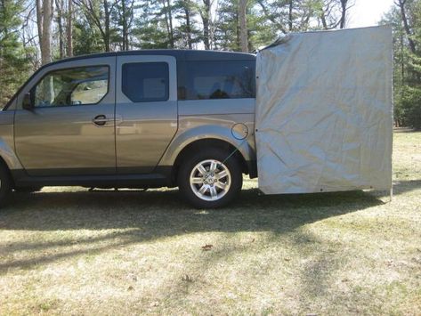 Cabana - Poor Man's DIY | Honda Element Owners Club Diy Cabana, Honda Element Camping, Van Tent, Honda Element Camper, Cargo Trailer Camper Conversion, Suv Tent, Suv Camper, Minivan Camping, Tent Camping Hacks