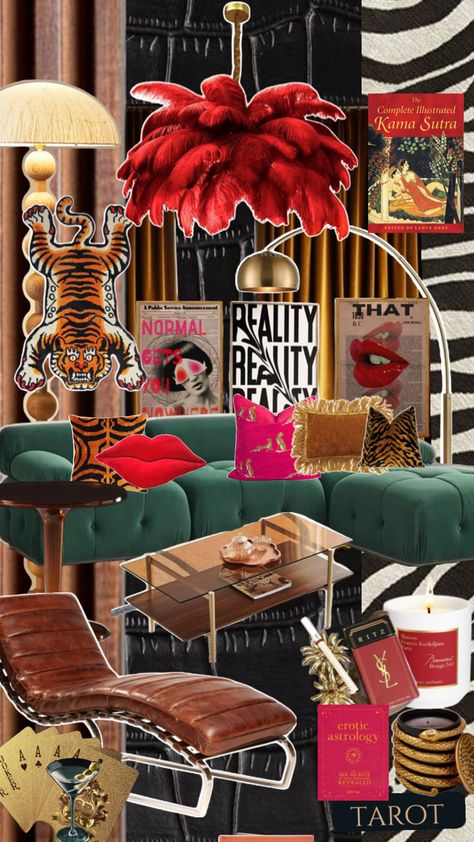 #homedecor #moodboard #moody #maximalism Art Deco Interior Living Room, Moody Maximalism, Animal Print Bathroom, Maximalist Living Room, Colorful Room Decor, Dorm Design, Moody Decor, Elegant Living Room Decor, Dream Apartment Decor