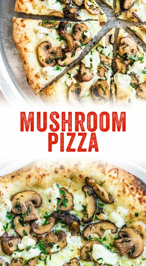 This mushroom pizza is a white pizza, so no red sauce here! It's covered with mozzarella cheese, goat cheese, and fresh herbs. Perfection! #pizza #mushrooms #mealprep #healthy #mushroom #recipe Pizza Mushrooms, Vegan Brunch Recipes, Best Fish Recipes, Winter Salad Recipes, Salad Dressing Recipes Healthy, Mushroom Recipe, Mushroom Pizza, White Pizza, Vegan Pasta Recipes