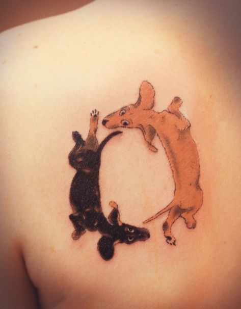 Doxie Tattoo, Dachshund Tattoo Ideas, Daschund Tattoo, Dachshund Tattoos, Arte Dachshund, Dachshund Tattoo, Nature Tattoo Sleeve, Dog Memorial Tattoos, Yin Yang Tattoos