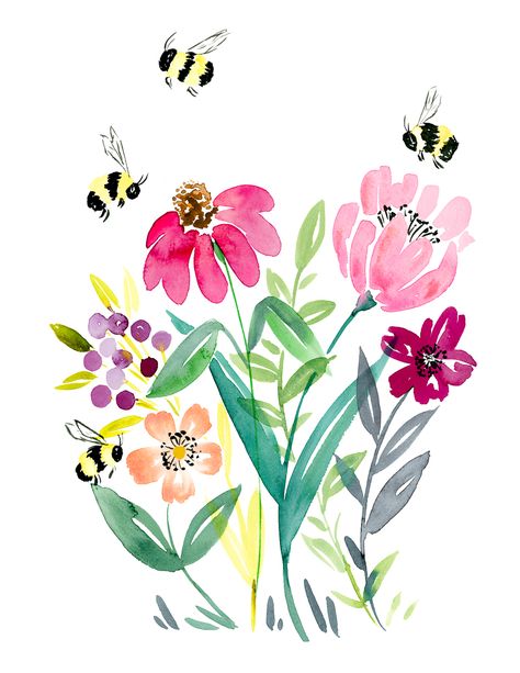 Free Printable - Bumble Bee Floral Watercolor - TINSELBOX Free Watercolor Printable, Bee Themed Birthday, Shawl Embroidery, Free Watercolor Flowers, Spring Baby Shower, Watercolor Printable, Bumble Bee, Floral Watercolor, Watercolor Painting