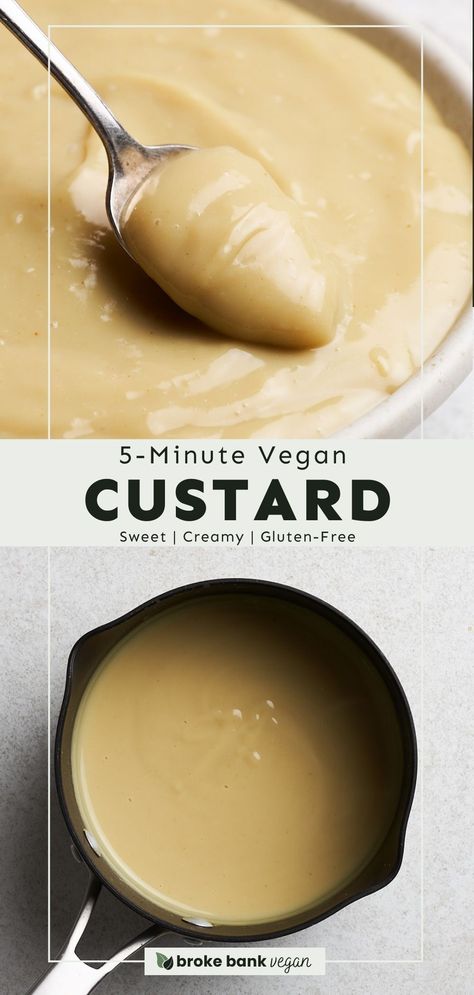 This vegan custard is made with just 5 pantry staples and is ready in 5 minutes! It’s perfectly sweet, ultra-creamy, and so versatile. Serve it as-is, use it to fill donuts, incorporate it into fruit tarts, and much more. Plus, it’s easy to customize! #vegancustard #vegandesserts #glutenfreerecipes Vegan Coconut Milk Dessert, Vegan Custard Pie, Vegan Vanilla Custard, Vegan Trifle, Dairy Free Custard, Vegan Custard, Healthy Vegan Dinner Recipes, Sweet Sauces, Vegan Pudding