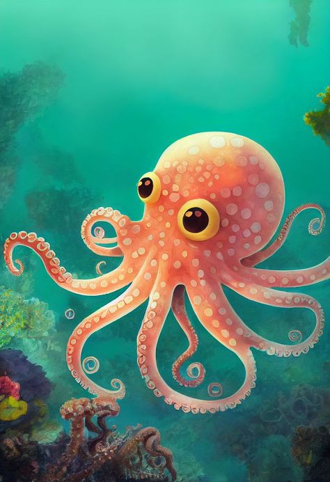 Cute Octopus in Coral Reef. This art design has colorful anime style. This is great gift for a person that loves Octopus, colorful fish or coral reefs. Octopus Art Drawing, Octopus Colorful, Coral Painting, Colorful Anime, Octopus Drawing, Octopus Illustration, Octopus Painting, Animal Illustration Art, Concept Art Tutorial