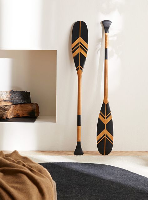 Wall Decor | Interior | Fabrique 1840 | Simons Painted Oars, Paddle Decor, Lodge Bedroom, Painted Paddles, Black Shapes, Beaver Tails, Wavy Mirror, Canoe Paddle, Cottage Signs