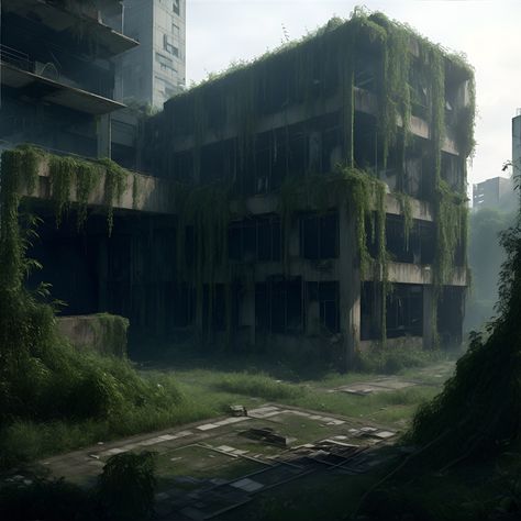 Modern Overgrown House, Paintings Of Abandoned Buildings, Abandoned Building In Forest, Overgrown Building Aesthetic, City Taken Over By Nature, Abandoned Overgrown City, Abandoned Building Art, City Reclaimed By Nature, City Overtaken By Nature