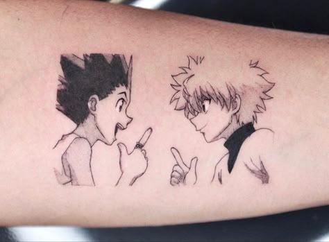 Gon And Killua Tattoo Design, Matching Hunter X Hunter Tattoos, Killua X Gon Tattoo Ideas, Gon And Killua Matching Tattoos, Gon And Killua Tattoo Ideas, Killua X Gon Tattoo, Gon And Killua Tattoo, Hunter X Hunter Tattoo Ideas, Hxh Tattoos