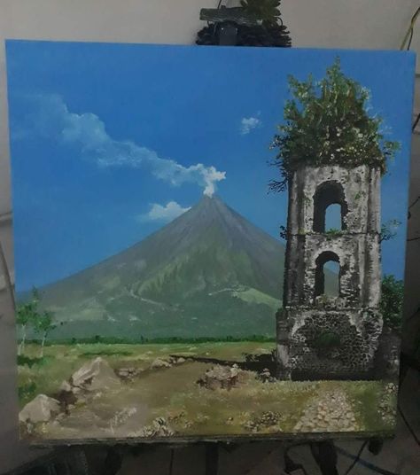 Mayon Volcano ,Cagsawa Ruins Painting Oil on canvas 20" x 20" Philippines Painting, Ruins Painting, Volcano Painting, Volcano Drawing, Dream Penthouse, Mayon Volcano, Oil Painting Background, Coffee Painting, Scenery Paintings