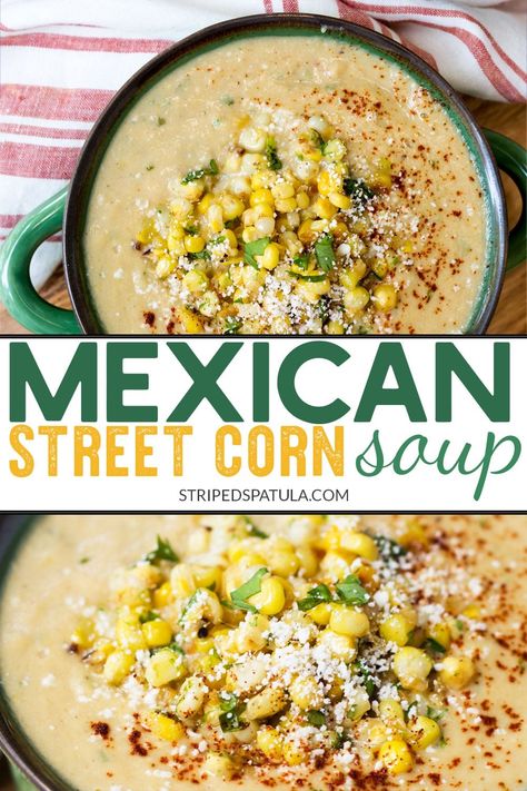 If you love Mexican Street Corn, you’ll love this easy soup recipe! Mexican Street Corn Soup uses all of the classic flavors of eltotes—cotija cheese, cilantro, sour cream, and lime—in a creamy summer soup. #souprecipes #corn Mexican Street Corn Soup, Street Corn Soup, Easy Soup Recipe, Recipe Mexican, Summer Soup, Meal Prep Plans, Corn Soup, Mexican Street Corn, Summer Corn