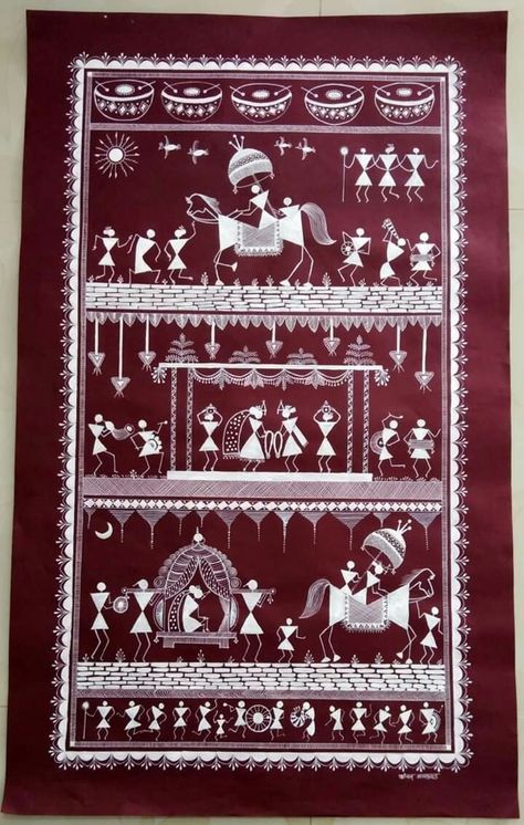 Warli Art Wedding Scene, Wedding Warli Art, Warli Wedding Scene, Warli Wedding Paintings, Warley Paintings, Worli Painting On Wall, Varli Art Painting, Warli Art Paintings On Wall, Warli Paintings On Canvas