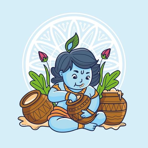 Cartoon illustration of baby krishna eat... | Free Vector #Freepik #freevector #cartoon #event #religion #illustrations Cute God Pics, Kanha Illustration, Radha Krishna Cartoon Drawing, Krishna Illustration Art, Krishna Cute Drawing, Baby Krishna Painting, Baby Krishna Drawing, Little Krishna Cartoon, Little Krishna Painting