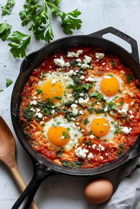 Explore the flavors of the Mediterranean with a delightful twist on traditional shakshuka, featuring rich feta cheese and fresh spinach. Mediterranean Breakfast Ideas, Shakshuka With Feta, Shakshuka Recipe, Mediterranean Breakfast, Shakshuka Recipes, Spinach Recipe, Feta Recipes, Yummy Meals, Food Channel