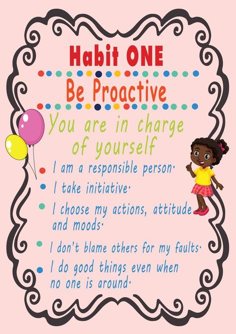 The 7 Habits of Happy Children. 1️⃣ Habit One : Be Proactive. *You are in charge of yourself* 👍I am a responsible person. ✌️ I take initiative. ✍️ I choose my actions, attitude and moods. 🤐I don't blame others for my faults. ✅I do good things even when no one is around. #habits #good #goodhabits 7 Habits Posters, Covey 7 Habits, Behavior Reflection, Habit 1, Be Proactive, Highly Effective People, Leader In Me, Blaming Others, Happy Children