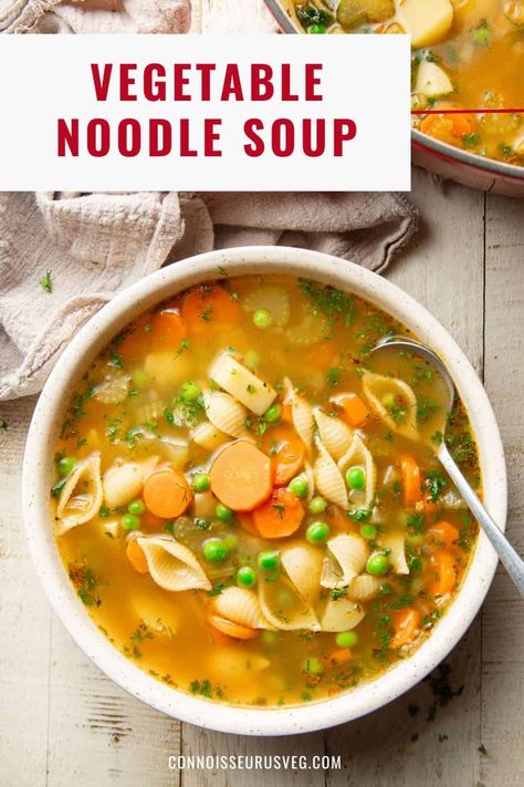 This vegetable noodle soup is so simple, but also so delicious and comforting! Made with pasta, veggies and fresh herbs, a big bowl of this easy vegan soup is the perfect meal to warm you up on a cold winter day! Easy Vegan Vegetable Soup, Veggie And Noodle Soup, Vegan Vegetable Noodle Soup, Vegetarian Noodle Soup Recipes, Veggie Soup With Pasta, Veggie Noodle Soup Recipes, Vegetable And Noodle Soup, Pasta Vegetable Soup, Noodles And Vegetables Recipes