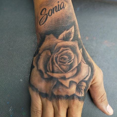 Hand Tattoo Men, Flower Hand Tattoo, Small Tattoo Ideas For Men, Unique Hand Tattoos, Arm Tattoos Black, Tattoo Script Fonts, Cool Half Sleeve Tattoos, Rose Hand Tattoo, Hand And Finger Tattoos