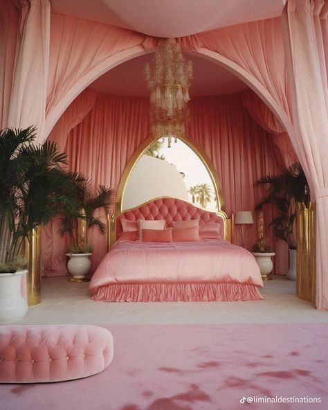 Monochromatic Pink Bedroom, Pink Maximalism, Pink Art Deco Bedroom, 80s Post Modern Bedroom, Pink 80s Aesthetic, Old Hollywood Glamour Aesthetic Bedroom, Retro 80s Bedroom, Pink 80s Bedroom, 80s Bedroom Aesthetic Pink