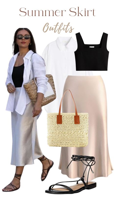 Beach Skirt Outfit, Beach Women Outfits, Modest Beach Outfit, Straw Bag Outfit, Beige Bags, Silk Skirt Outfit, Pool Outfits, Italy Outfits, Fall Outfits For Work