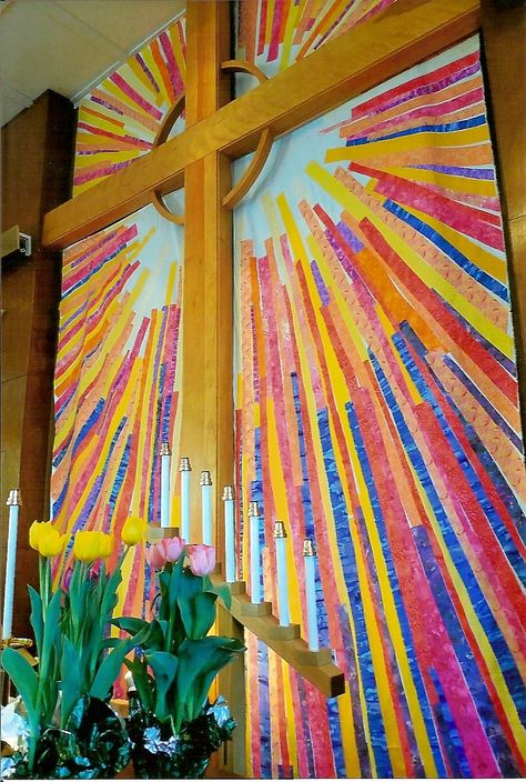 Easter banner 2015 - Church of the Redeemer UCC, Hershey, PA Easter Church Banners, Cross Quilts, Church Banners Designs, Church Banner, Liturgical Art, Church Worship, Stage Designs, Cross Quilt, Easter Decorating