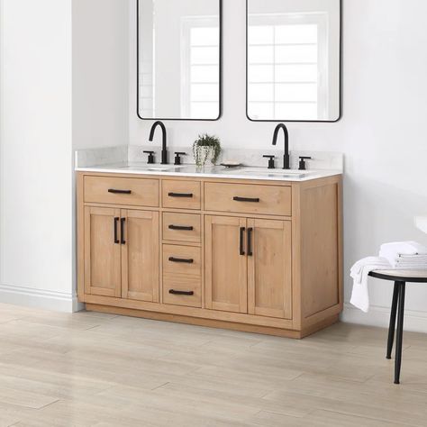 Everly Quinn Bonnet 60 | Wayfair Farmhouse Sink Faucet, Engineered Stone Countertops, Brown Cabinets, Double Bathroom, Vanity Countertop, Cultured Marble, Engineered Stone, Double Bathroom Vanity, Wood Vanity