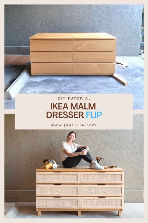 Ikea Rattan Dresser Hack, Upgraded Ikea Dresser, Ratan Diy Dresser, Boho Bedroom With Dresser, Ikea Malm Drawers Upcycle, Rattan Ikea Hack, Updating Dresser Diy, Upgrading Ikea Furniture, Wood Dresser Gold Hardware