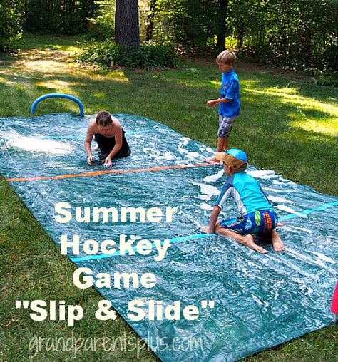 Summer Hockey Game   Slip and Slide" Version  Fun for Kids of All Ages Outside Games, Diy Kids Games, Hockey Game, Water Games, Backyard Games, Summer Games, Slip And Slide, Summertime Fun, Backyard Fun