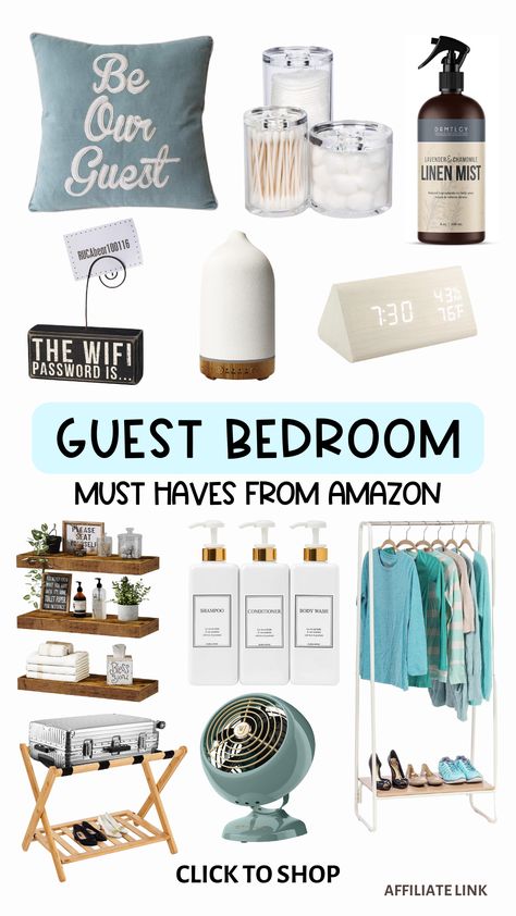 Spruce up your guest bedroom decorations with these fun ideas from Amazon! Whether you're remodeling your guest room or just looking to add a little more comfort for your visitors, these items are sure to do the trick! Airbnb Room Ideas Guest Bedrooms, Guest Bedroom Ideas Cozy Modern, Bedroom Must Haves, Guest Room Baskets, Room Must Haves, Cheap Bedroom Makeover, Small Guest Bedroom Ideas, Guest Room Ideas, Guest Room Essentials