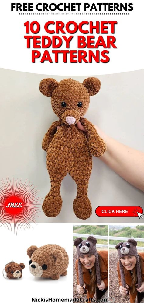 aniThis roundup includes teddy bear amigurumi patterns, as well as wearables and even practical teddy bear themed gifts. So if you or your loved one adores teddy bears, you're sure to find the perfect gift that they will use and cherish for years to come. Get the 10 crochet patterns free from Nicki's Homemade Crafts! #crochetbearpattern #amigurumi Free Snuggler Crochet Pattern, Snuggler Pattern, Crochet Snuggler, Crochet Lovey Free Pattern, Large Crochet Hooks, Crochet Bear Patterns, Lovey Pattern, Crochet Lovey, Crochet Eyes