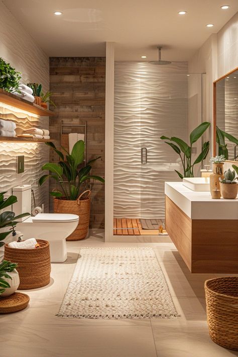 Two Basins Bathroom, Apartment Nature Aesthetic, Bathroom Relaxing Decor, Bamboo Room Design, Natural Bathroom Aesthetic, Bathroom Soft Lighting, Minimalistic Bathroom Ideas, Calming Apartment Decor, Afrohemian Decor Bathroom