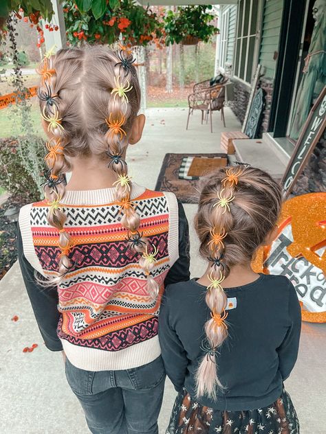 Piggy Hairstyles, Toddler Halloween Hairstyles Girl, Halloween Hair With Spiders, Halloween Bubble Braids, Crazy Hair Day Ideas For Halloween, Kid Hairstyles For School, Kids Hairstyles For Picture Day, Halloween Girl Hairstyles, Halloween Hair Spider