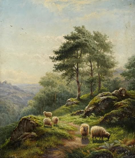 Sheep Paintings, Beautiful Landscape Paintings, Landscape Art Painting, Classic Paintings, Vintage Landscape, Old Paintings, Aesthetic Painting, Oil Painting Landscape, Fantasy Landscape