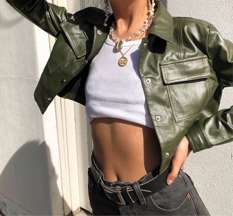 Leather Jacket Aesthetic, Dress Leather Jacket, Jacket Aesthetic, Short Green Dress, Short Leather Jacket, Dress Leather, Dior Vintage, Women Coats, Womens Fashion Edgy