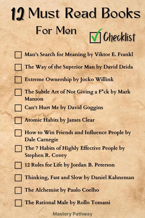 12 Must Read Books for Men Checklist Printable Self Development Books For Men, Masculine Books, Books Men Should Read, Attitude Books, Books To Read For Men, Books For Men To Read, Book Checklist, Websites To Read Books, Reading Checklist