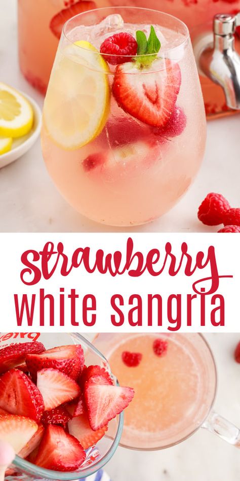 3 Ingredient Sangria, White Wine Sangria With Vodka, Simple Sangria Recipe White, Bridal Shower Sangria Bar, Memorial Day Sangria, White Sangria With Vodka, Sangria Station Ideas, Strawberry Sangria Recipes Easy, Spring Sangria Recipes White Wines