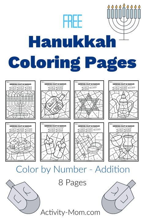 These free Hanukkah coloring pages come in 8 different designs. These addition color by number printables are the perfect way to practice addition equations and strengthen fine motor skills. Free Hanukkah Printables, Hannukah Printables, Hanukkah Printables, Hanukkah Coloring Pages, Addition Color By Number, Hanukkah Activites, Number Printables, Christmas In Germany, Color By Number Printable