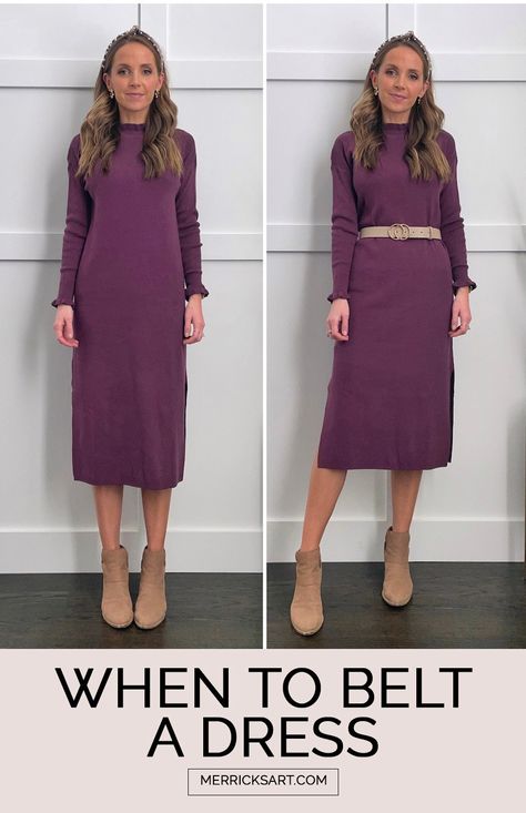 When to Belt a Dress - Merrick's Art Belt Sweater Dress, Long Straight Dress Outfit, Midi Skirt Belt Outfit, Belt With Sweater Dress, Sweater Dress With Belt Outfit, Belted Sweater Dress, Belt For Dress Ideas, Dress With Belt Outfit Classy, How To Wear A Belt With A Dress