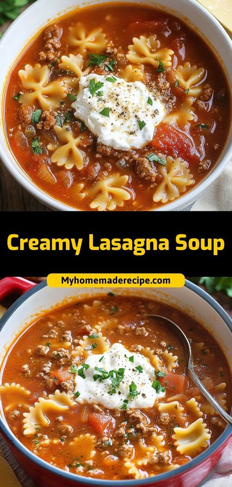 Creamy lasagna soup is rich, hearty, and filled with all the flavors of lasagna in a cozy bowl of soup. Ingredients: 1 lb ground beef 4 cups beef broth 1 cup marinara sauce 1 cup ricotta cheese Serve this lasagna soup with a sprinkle of Parmesan. Perfect for chilly nights or Italian-inspired dinners Creamy Lasagna Soup, Creamy Lasagna, Hearty Chicken Soup, The Best Lasagna, Best Lasagna, Lasagna Soup Recipe, Soup Ingredients, Classic Lasagna, Tomato Broth