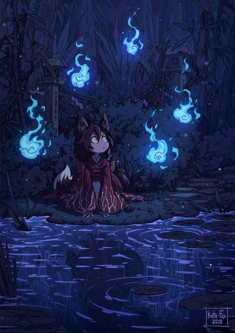 ArtStation - Will-o'-the-wisps, Kate Fox Evvi Art, Creature Fantasy, Japon Illustration, Arte Inspo, Fox Art, 판타지 아트, Art And Illustration, Blue Fire, Cartoon Art Styles