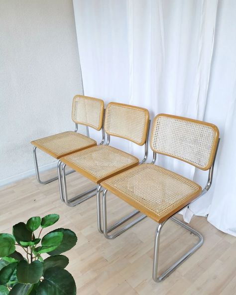 Available for sale. 🧺🧺🧺 Vintage dining Cesca chairs. Light brown wood with chrome tubular frame and cane seat and backrest. The classy Cesca Chair was designed in 1928 by Marcel Breuer. In that time, it was the first such tubular-steel frame caned seat type of chair that was mass-produced. One of the original ones from that time sits in MoMA. It is known as one of the most important chairs of the 20th century. #cescachair #cescachair #marcelbreuer #marcelbreuerchair #canechairs #dinechair ... Marcel Breuer Chair, Cesca Chair, Mid Century Office, Chrome Chair, Cane Chair, Marcel Breuer, Tubular Steel, Mid Century Vintage, Furniture Dining Chairs