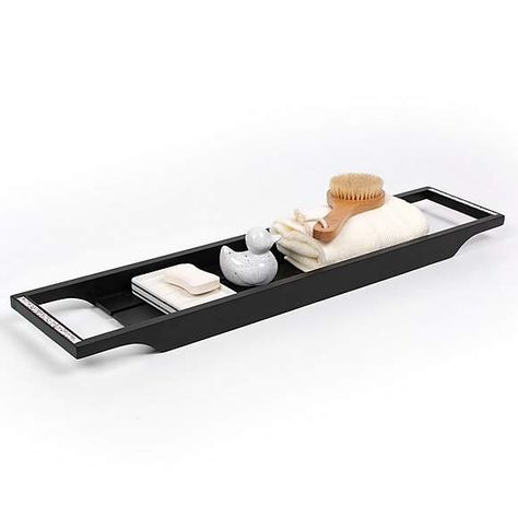 Another Dunelm tray that caught my eye for its simplistic minimalist design was the Sparkle Black Bamboo Bath Rack. This rack is crafted from Bamboo and has sparkly detailing on each side. Bath Trays, Shower Caddies, Bath Rack, Bohemian Interior Design, Bathroom Color Schemes, Black Bath, Bath Tray, Vanity Accessories, Black Bamboo