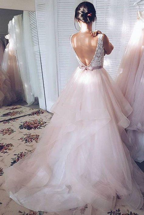 Wedding Dress With Sash, Wedding Dress Necklace, Wedding Gown Backless, Tulle Balls, Wedding Dress Sash, Backless Wedding, Tulle Ball Gown, Pink Tulle, Long Wedding Dresses