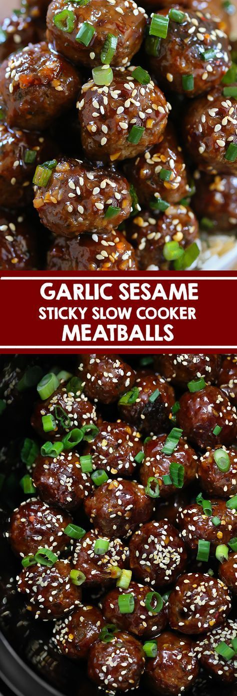 ► Slow Cooker Sticky Garlic Sesame Meatballs Recipe: ground beef, eggs, onion, garlic, soy sauce, Worcestershire sauce, pepper, salt, yellow mustard powder, paprika, ground ginger, garlic powder, onion powder, red pepper flakes, Parmesan cheese, breadcrumbs, cornstarch, honey, ketchup, sesame oil, rice vinegar, sugar, green onions, sesame seeds and cooked rice. Sesame Meatballs, Beef Food Recipes, Crockpot Appetizers, Appetizer Meatballs, Crock Pot Meatballs, How To Cook Meatballs, Slow Cooker Meatballs, Crockpot Ideas, Sesame Sauce