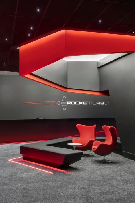 Rocket Lab Offices - Long Beach | Office Snapshots Gaming Reception Design, Architectural Studio Design, Tech Office Design, Futuristic Office Design, Futuristic Office, Futuristic Bedroom, Futuristic Interior Design, Contemporary Office Design, Lab Design