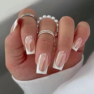 Qsnidy Glossy Chrome French Press on Nails Medium Square Fake Nails with White Tip Magic Pearlescent Nude False Nails Mirror Effect Acrylic Stick Glue on Nail Sets for Women, 24 Nails in 12 Sizes Nails Medium Square, French Press On Nails, White Chrome Nails, Chrome French, Nails With White, White French Nails, White Tip Nails, Press On Nails Medium, White French Tip