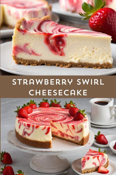 Baked Sweet Recipes, Fresh Strawberry Cheesecake Recipe, Easy To Make Cheesecake, Berry Swirl Cheesecake, Strawberry Cheesecake Brioche, Deserts Recipes Strawberries, Mini Strawberry Swirl Cheesecake, Chocolate Strawberry Cheesecake Recipes, Cheesecake Swirl Recipes