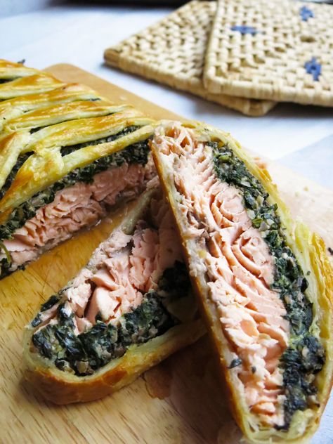 Beef Wellington? We don’t know her. There’s a new gal in town, and she is moist, buttery, flaky, and oh so good! This salmon wellington will make all your guests ooh and aah!  #salmonrecipes #salmon wellington #seadfoodrecipes #christmas #holiday recipes #food #foodrecipes #dinnerrecipes #foodphotography #foodblog #olivesandlamb Moist Salmon, Salmon Wellington Recipe, Turkey Wellington, Salmon Wellington, Wellington Recipe, Cookies For Christmas, Mushroom Spinach, Fresh Recipes, Salmon Dishes