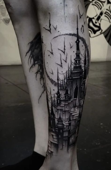 Spooky Blackwork Tattoo, Gothic Cathedral Tattoo, Tattoo Wade, Gothic Tower, Cathedral Tattoo, Trippy Tattoo Ideas, Tower Tattoo, Trippy Tattoo, Castle Tattoo